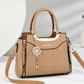 Brown woven leather handbag with gold metal charms and detachable shoulder strap - Khaki
