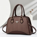 Elegant herringbone shell bag with brown leather trim and golden hardware hand-held - Brown