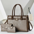 Three-piece tote bag set with striped fabric and brown leather trim in minimalist setting - Brown