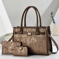 Three-piece women's bronze tote bag set with matching wallet and textured finish - Coffee