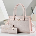 Pink three-piece tote bag set with glossy texture and gold butterfly buckle for women - Pink