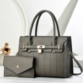 Elegant dark grey pebbled leather handbag set with gold padlock and matching wallet - Gray
