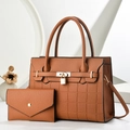 Brown litchi leather tote bag set with checkered texture and gold lock hardware - Earthy Yellow