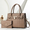 Taupe pebbled leather handbag with gold lock detail and matching envelope pouch - Khaki