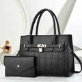 Elegant black rhombic textured tote bag set with matching wallet and golden hardware - Black