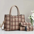 Dreiteiliges braunes Plaid-Taschenset mit Handtasche und Briefkupplung aus Kunstleder - 3-teiliges Set / Khaki