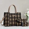 Three-piece checkered tote bag set with shoulder strap and matching wallets in beige - Three-Piece Set / Coffee