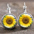 Vintage-Sonnenblumen-Ohrhänger mit gelbem Glas-Edelstein und silberfarbenen Haken - Silber