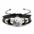 Vue détaillée du bracelet multicouche en cuir tressé avec cabochon en verre motif hibou - Hibou Esquisse (JY007928-23)
