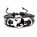 Bracelet rétro en cuir tressé multicouche avec breloque chat yin yang noir et blanc - Style Chat Yin Yang (JY007929-24)