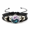 Bracelet tressé en cuir Yin Yang avec cabochon papillon et perles métalliques - Violet Bleu Floral Yin Yang (JY007928-2)