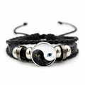 Bracelet multicouche en cuir tressé avec charm chat yin yang et perles argentées - Visage de Chat Yin Yang (JY007928-13)