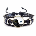 Bracelet en cuir tressé fait main avec motif Yin Yang chats noirs et blancs en verre - Style Chat Tai Chi Yin Yang N&B (JY007929-13)