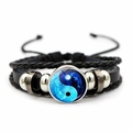 Braided leather bracelet featuring dragon yin yang tai chi glass gem and metal beads - Dragon Pattern Yin Yang Style (JY007986-1)