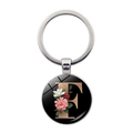 Silver letter F keychain with floral rose pattern and glass gem pendant accessory - Letter F (JY008011-F)