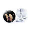 Detail of silver cufflinks with golden letter W and floral design on black background - Letter W (JY008019-W)