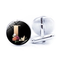 Silver-plated round cufflinks featuring a black floral design and the gold letter L - Jy008019-l / Other