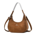 Brown crescent shoulder bag in textured faux leather with adjustable long strap - Earthy Yellow