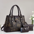 Deep brown 3-piece tote bag set with golden letter prints and metal buckle - Coffee