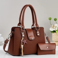 Elegant brown woven leather tote bag with M metal buckle and matching wallet set - 2-Piece Set (Handbag + Wallet) / Earthy Yellow