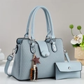 Elegant light blue woven leather tote bag for women with matching wallet and metal M logo - 2-Piece Set (Handbag + Wallet) / Blue