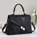 Minimalist black handbag with marble texture, golden lock and detachable strap for women - Black