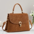 Sac à main trapèze en cuir marron rétro avec boucle fer à cheval dorée et poignée - Jaune Terre