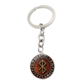 Détail du porte-clés Viking Runes avec symbole doré sur métal argenté et bois - Style Lettre Rune Grain de Bois (JY008064-12)