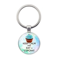 Silver Keep Calm and Eat a Cupcake glass gemstone keychain with a blue cupcake pendant - Blue Watercolor Cupcake Style (JY008095-10)