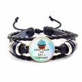 Vintage black braided leather bracelet with Keep Calm and Eat a Cupcake glass charm - Cupcake KEEP CALM AND EAT A CUPCAKE (JY008098-10)