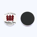 Detail of round Christmas fridge magnet showing front plaid trees and back magnetic surface - Farm Fresh Trees Style (JY008092-8) / 25mm