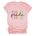 Detailed close-up of pink casual t-shirt with colorful Third Grade letter printing - Pink (Black Text)