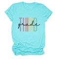 Detail of turquoise cotton T-shirt featuring colorful THIRD grade graphic print - Deep Water Blue (Black Text)