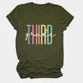 Detail of rolled sleeve cuff and colorful Third Grade print on olive green cotton t-shirt - Army Green (White Text)
