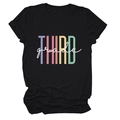 Detail of colorful Third Grade graphic print on a black cotton short sleeve T-shirt - Black (White Text)
