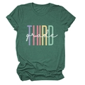 Detail of dark green t-shirt with THIRD grade colorful graphic print and rolled sleeves - Retro Green (White Text)