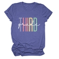 Detail of Heather Purple t-shirt showing the THIRD grade colorful print design - Retro Blue (White Text)