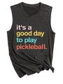 Detail of grey sleeveless tank top with colorful It's a Good Day to Play Pickleball print - S / Dark Gray