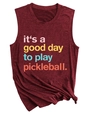 Detail of wine red tank top with 'it's a good day to play pickleball' text and side knot - S / Burgundy