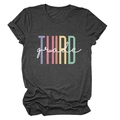 Close-up of the artistic THIRD grade colorful letter print on a dark gray cotton t-shirt - Heather Charcoal (White Text)
