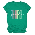 Close-up of the colorful THIRD grade text print on a casual green short sleeve T-shirt - Ink Green (White Text)