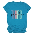 Close-up of THIRD grade colorful artistic lettering on a teal crewneck cotton t-shirt - Lake Blue (Black Text)