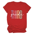 Detail of red crewneck t-shirt showing colorful THIRD grade printed typography on fabric - Red (White Text)