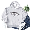 Detailed flat lay of light grey hoodie with just a small town girl print and kangaroo pocket - S / Tops / Light Gray
