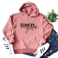 Detail of just a small town girl letter print on mauve hoodie with kangaroo pocket - S / Tops / Rose Gold