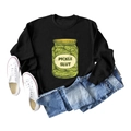 Flat lay of black crewneck sweatshirt with yellow Pickle Slut print and casual outfit - S / Black