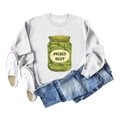 Flat lay of gray long sleeve sweatshirt with Pickle Slut graphic and denim shorts - S / White