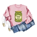Flat lay of pink crewneck sweatshirt with green pickle slut graphic and denim jeans - S / Pink