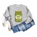 Flat lay of gray sweatshirt with Pickle Slut graphic paired with denim shorts - S / Gray