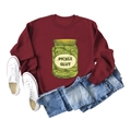 Flat lay of maroon crewneck sweatshirt with Pickle Slut graphic and denim jeans - S / Burgundy